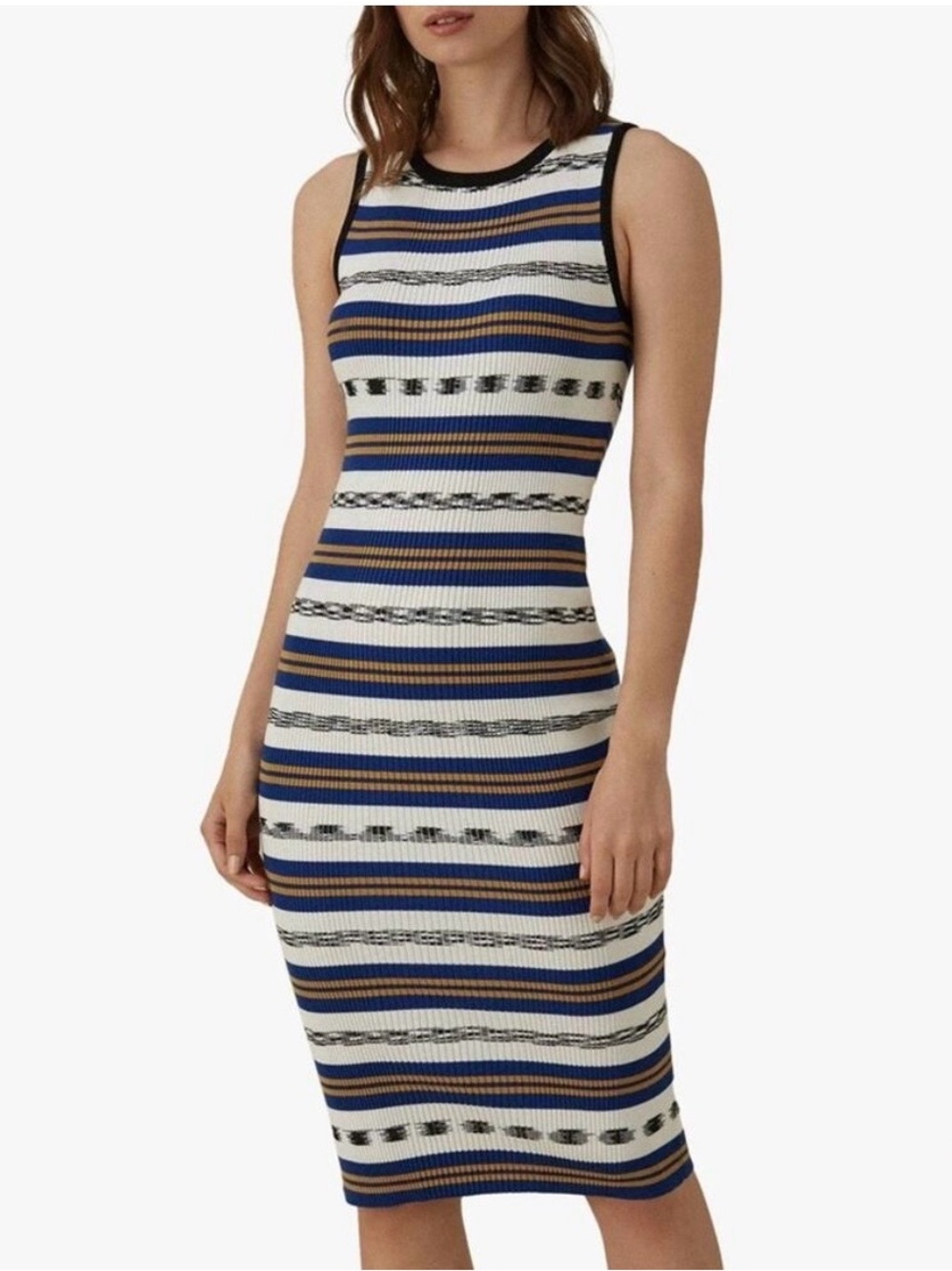 KAREN MILLEN Striped Knit Sleeveless Midi Bodycon Dress in Blue/White/Tan. XS